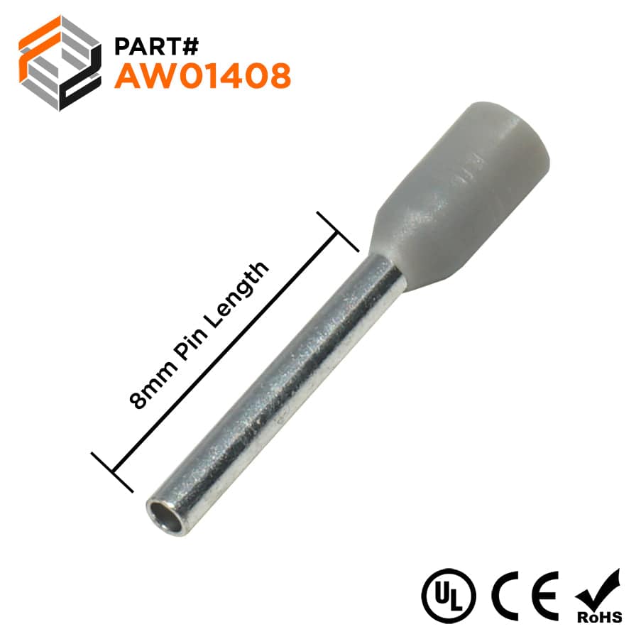 AW01408 - 26 AWG Insulated Wire Ferrules, 8mm Pin, Gray, 500 Pieces