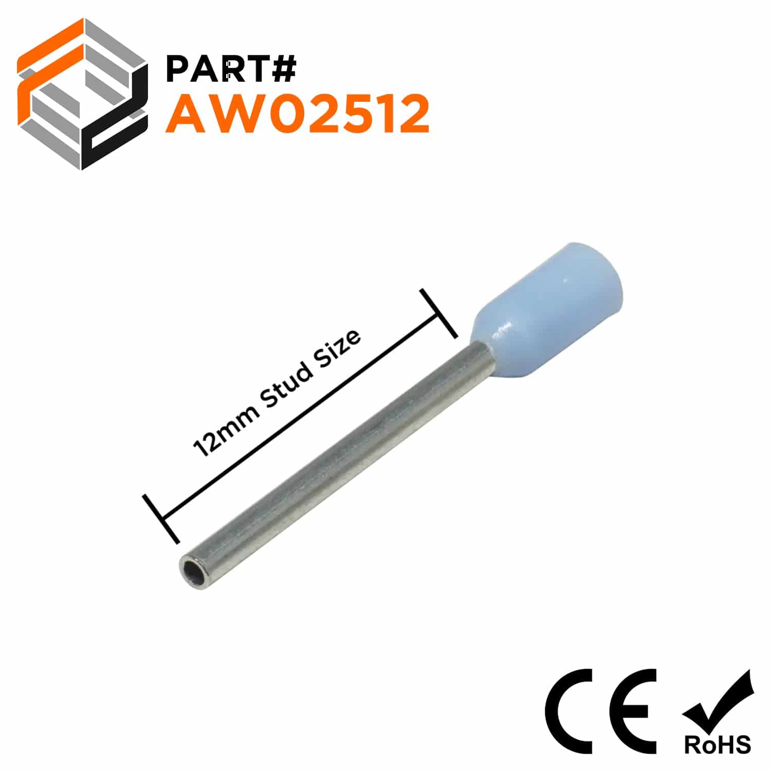 AW02512 - 24 AWG Insulated Wire Ferrules, 12mm Pin, Light Blue, 500 Pieces