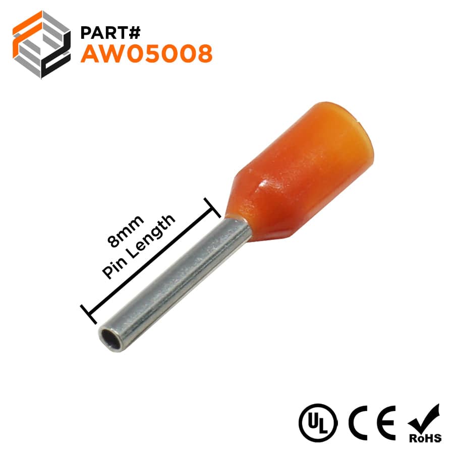 AW05008 - 22 & 20 AWG Insulated Wire Ferrules, 8mm Pin, Orange, UL Recognized, 500 Pieces
