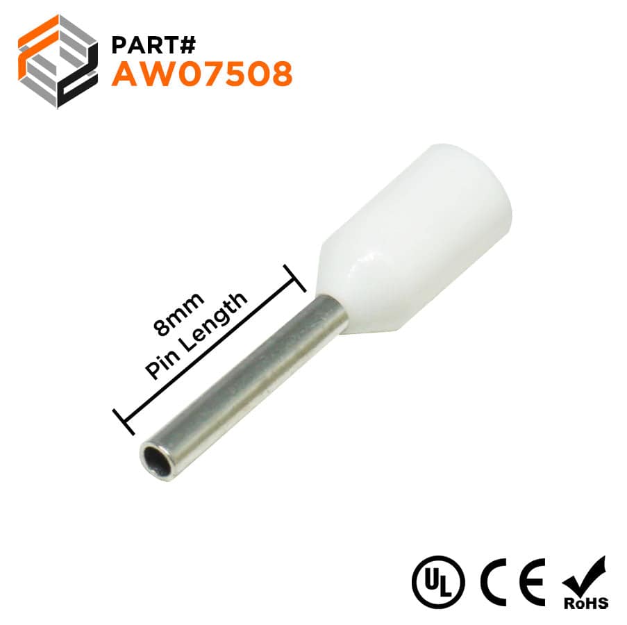 AW07508 - 20 & 18 AWG Insulated Wire Ferrules, 8mm Pin, White, UL Recognized, 500 Pieces