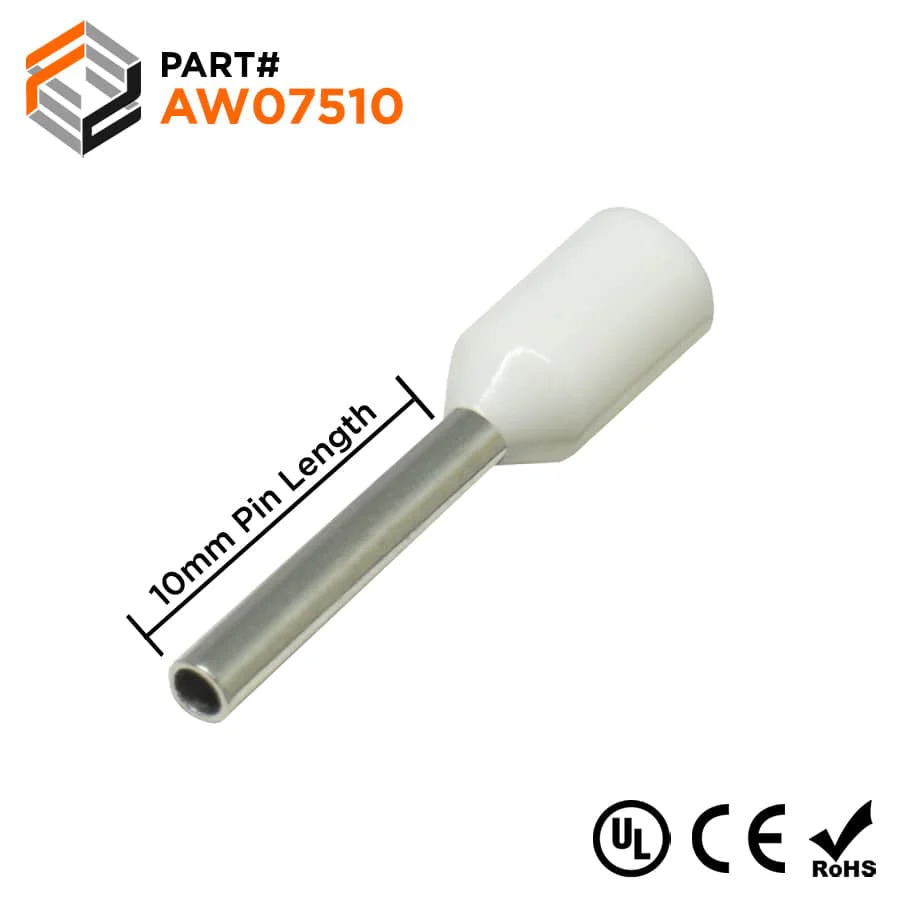 AW07510 - 20 & 18 AWG Insulated Wire Ferrules, 10mm Pin, White, UL Recognized, 500 Pieces