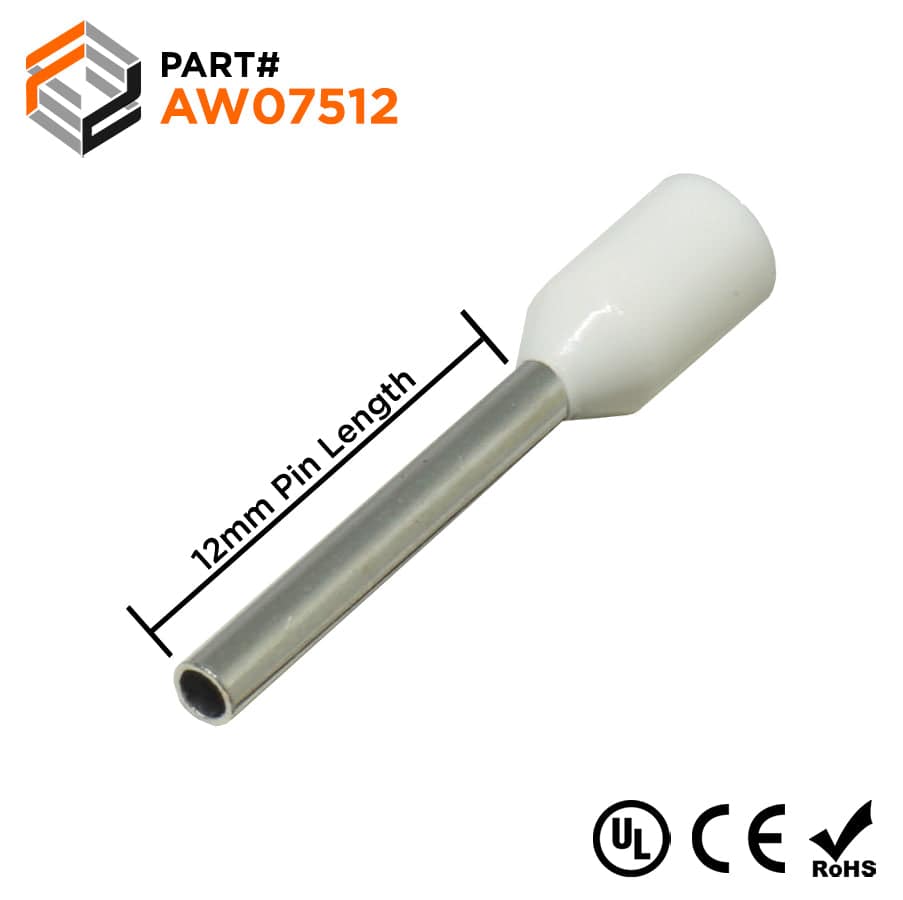 AW07512 - 20 & 18 AWG Insulated Wire Ferrules, 12mm Pin, White, UL Recognized, 500 Pieces