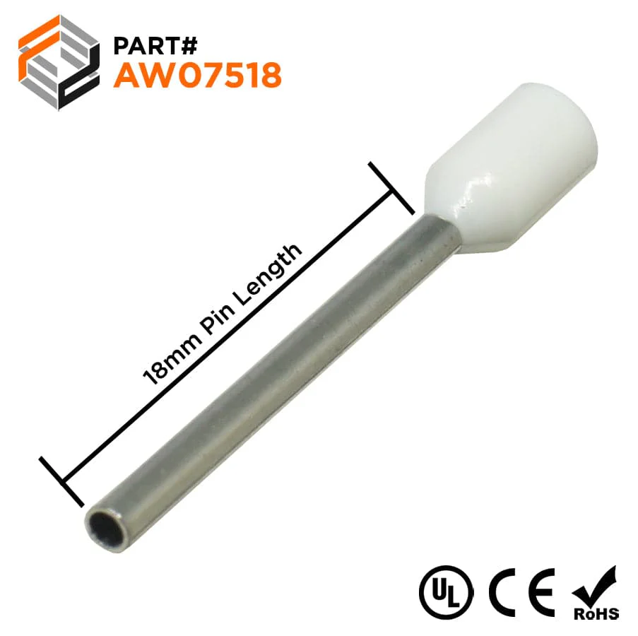 AW07518 - 20 & 18 AWG Insulated Wire Ferrules, 18mm Pin, White, UL Recognized, 500 Pieces