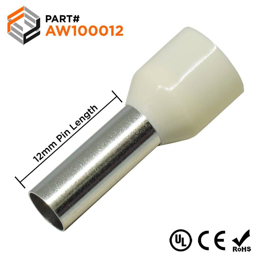 AW100012 - 8 AWG Insulated Wire Ferrules, 12mm Pin, Beige, UL Recognized, 100 Pieces