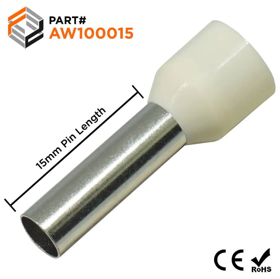 AW100015 - 8 AWG Insulated Wire Ferrules, 15mm Pin, Beige, 100 Pieces