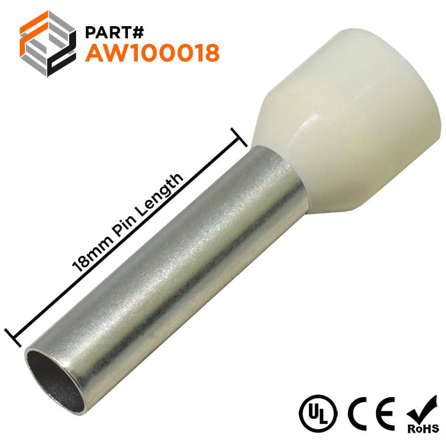 AW100018 - 8 AWG Insulated Wire Ferrules, 18mm Pin, Beige, UL Recognized, 100 Pieces