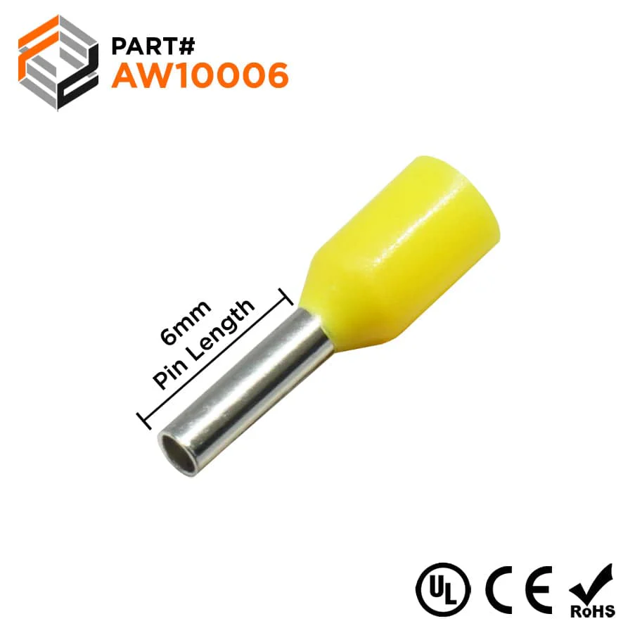 AW10006 - 18 & 17 AWG Insulated Wire Ferrules, 6mm Pin, Yellow, UL Recognized, 500 Pieces
