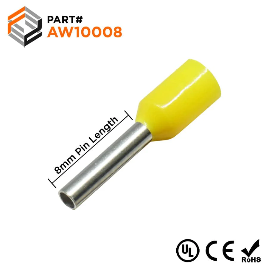 AW10008 - 18 & 17 AWG Insulated Wire Ferrules, 8mm Pin, Yellow, UL Recognized, 500 Pieces