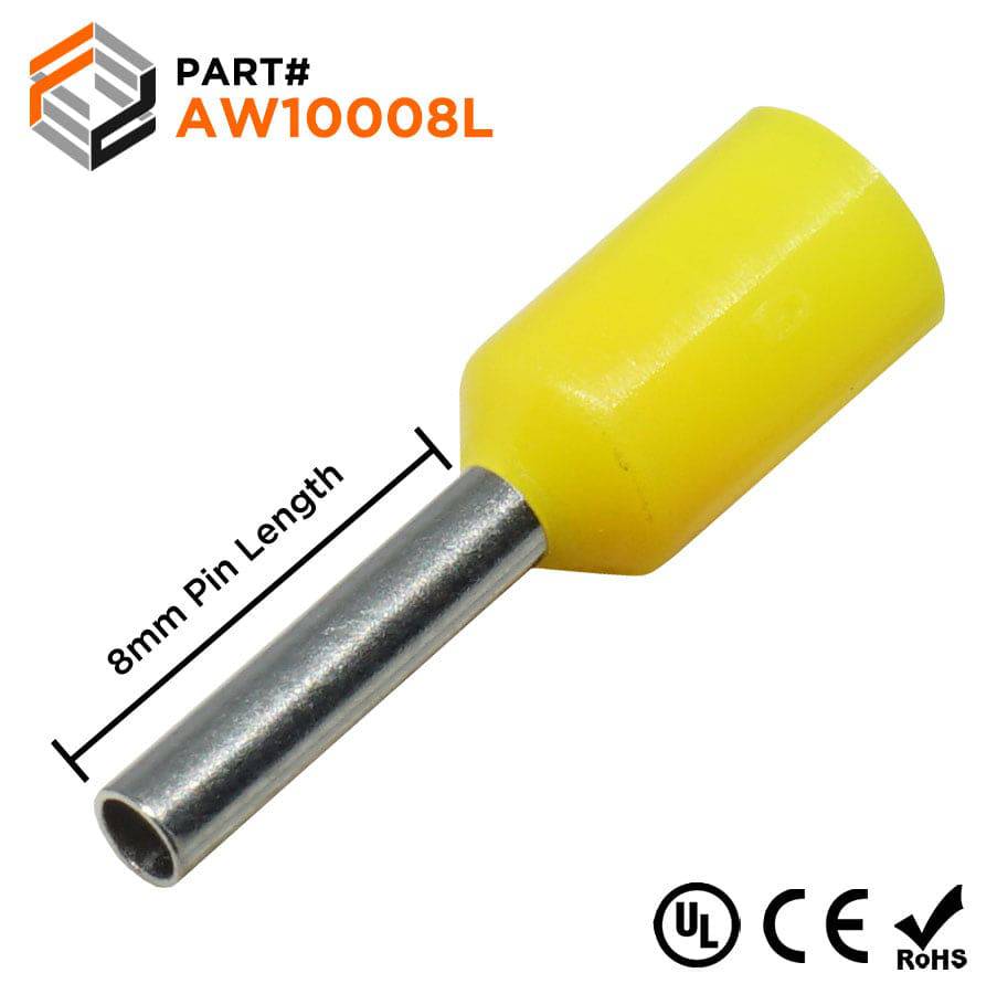 AW10008L - 18 & 17 AWG Insulated Wire Ferrules, 8mm Pin, Yellow, Wide Collar, UL Recognized, 500 Pieces