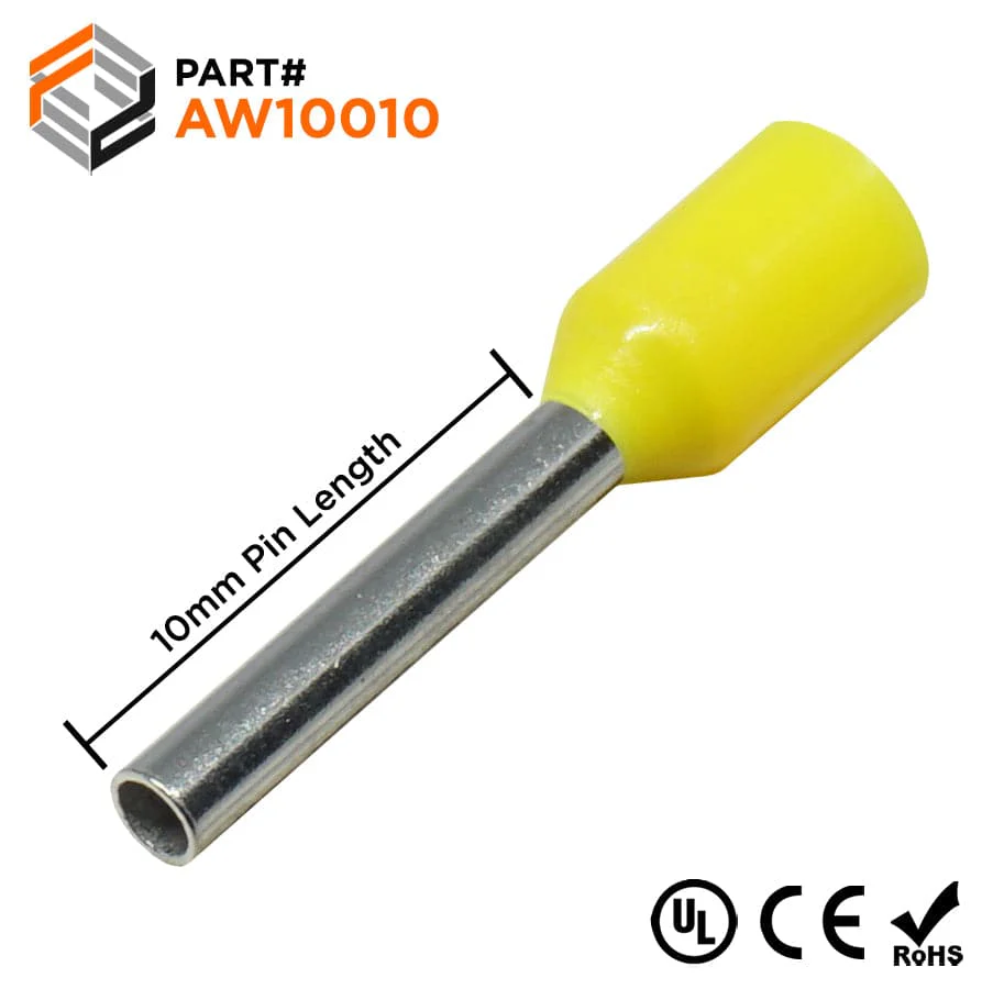AW10010 - 18 & 17 AWG Insulated Wire Ferrules, 10mm Pin, Yellow, UL Recognized, 500 Pieces