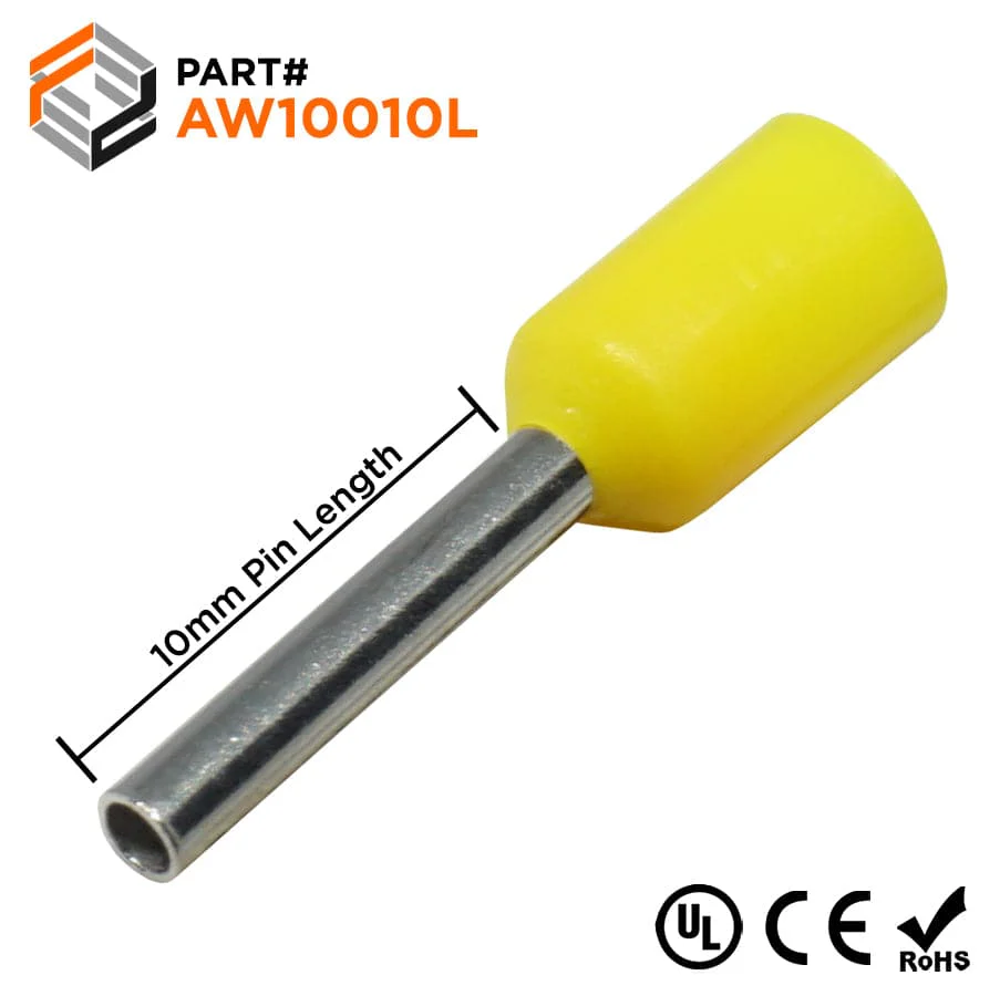 AW10010L - 18 & 17 AWG Insulated Wire Ferrules, 10mm Pin, Yellow, Wide Collar, 500 Pieces