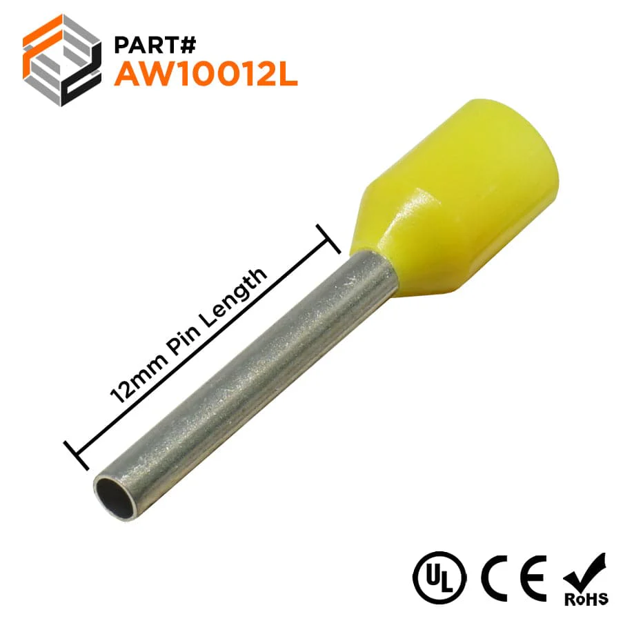 AW10012L - 18 & 17 AWG Insulated Wire Ferrules, 12mm Pin, Yellow, Wide Collar, UL Recognized, 500 Pieces