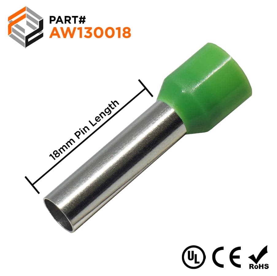 AW130018 - 6 AWG (Small Diameter) Insulated Wire Ferrules, 18mm Pin, Green, 100 Pieces