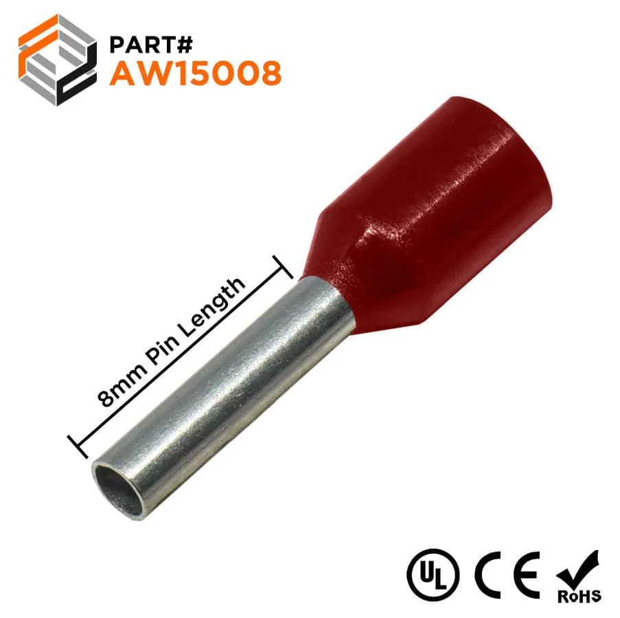 AW15008 - 16 AWG Insulated Wire Ferrules, 8mm Pin, Red, UL Recognized, 500 Pieces