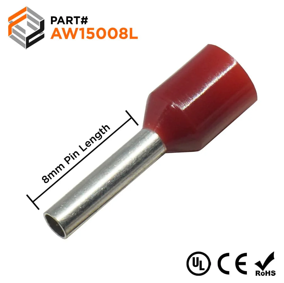 AW15008L - 16 AWG Insulated Wire Ferrules, 8mm Pin, Red, Wide Collar, UL Recognized, 500 Pieces