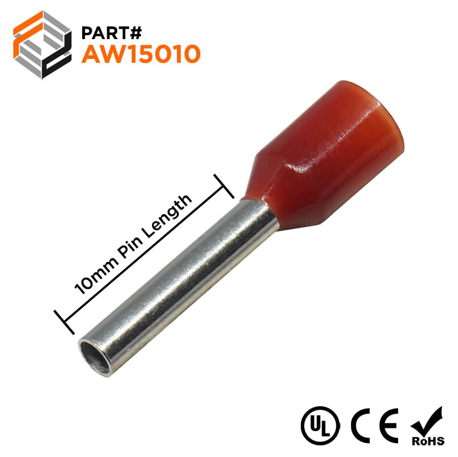 AW15010 - 16 AWG Insulated Wire Ferrules, 10mm Pin, Red, UL Recognized, 500 Pieces