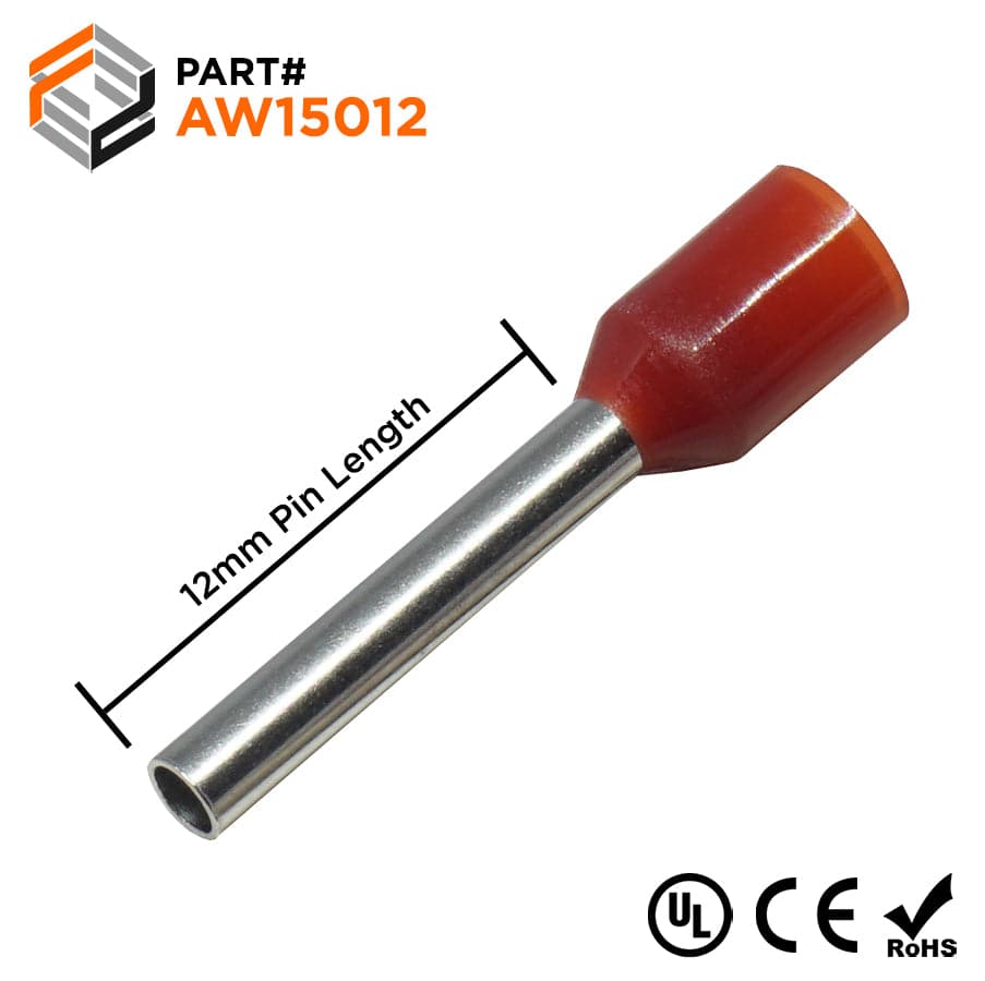 AW15012 - 16 AWG Insulated Wire Ferrules, 12mm Pin, Red, UL Recognized, 500 Pieces