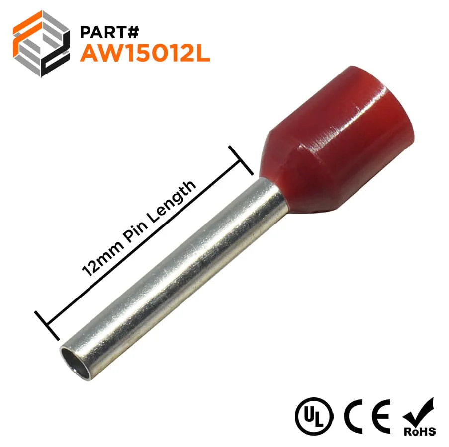 AW15012L - 16 AWG Insulated Wire Ferrules, 12mm Pin, Red, Wide Collar, 500 Pieces