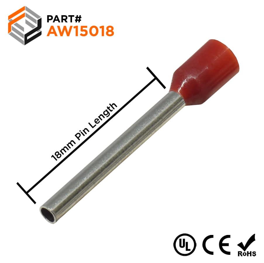 AW15018 - 16 AWG Insulated Wire Ferrules, 18mm Pin, Red, UL Recognized, 500 Pieces
