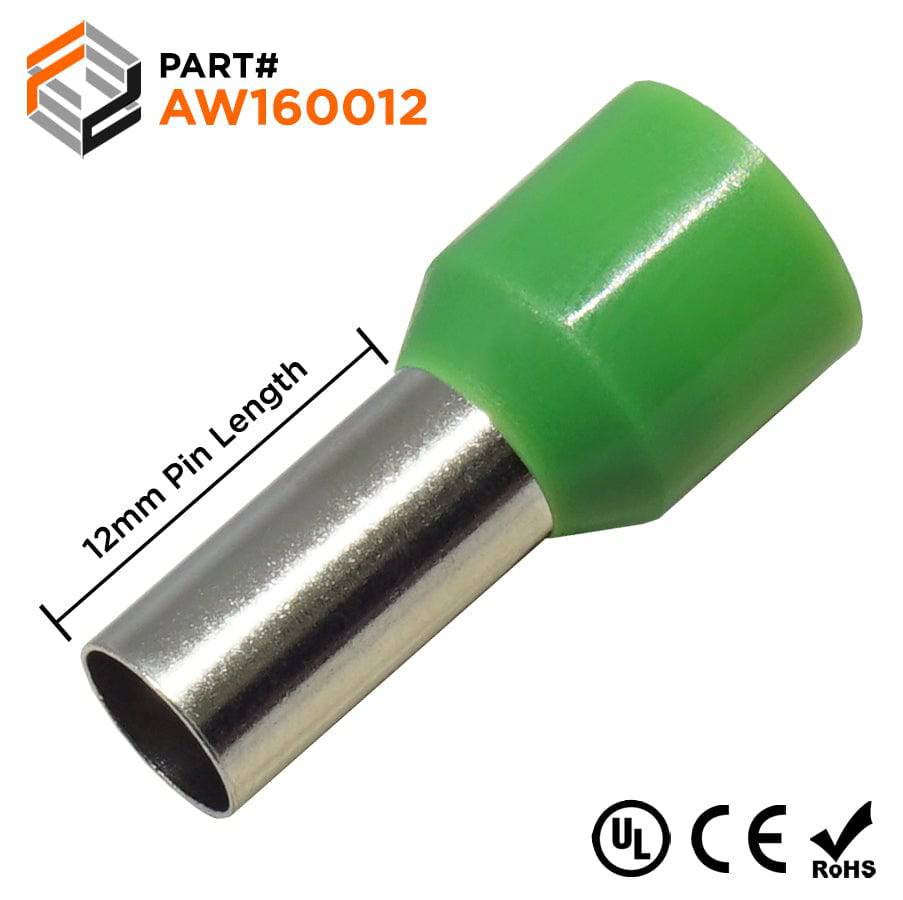 AW160012 - 6 AWG Insulated Wire Ferrules, 12mm Pin, Green, UL Recognized, 100 Pieces