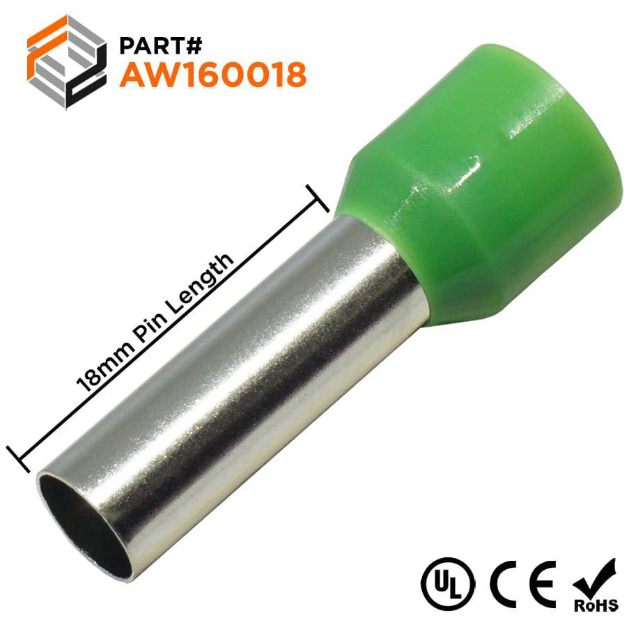 AW160018 - 6 AWG Insulated Wire Ferrules, 18mm Pin, Green, UL Recognized, 100 Pieces