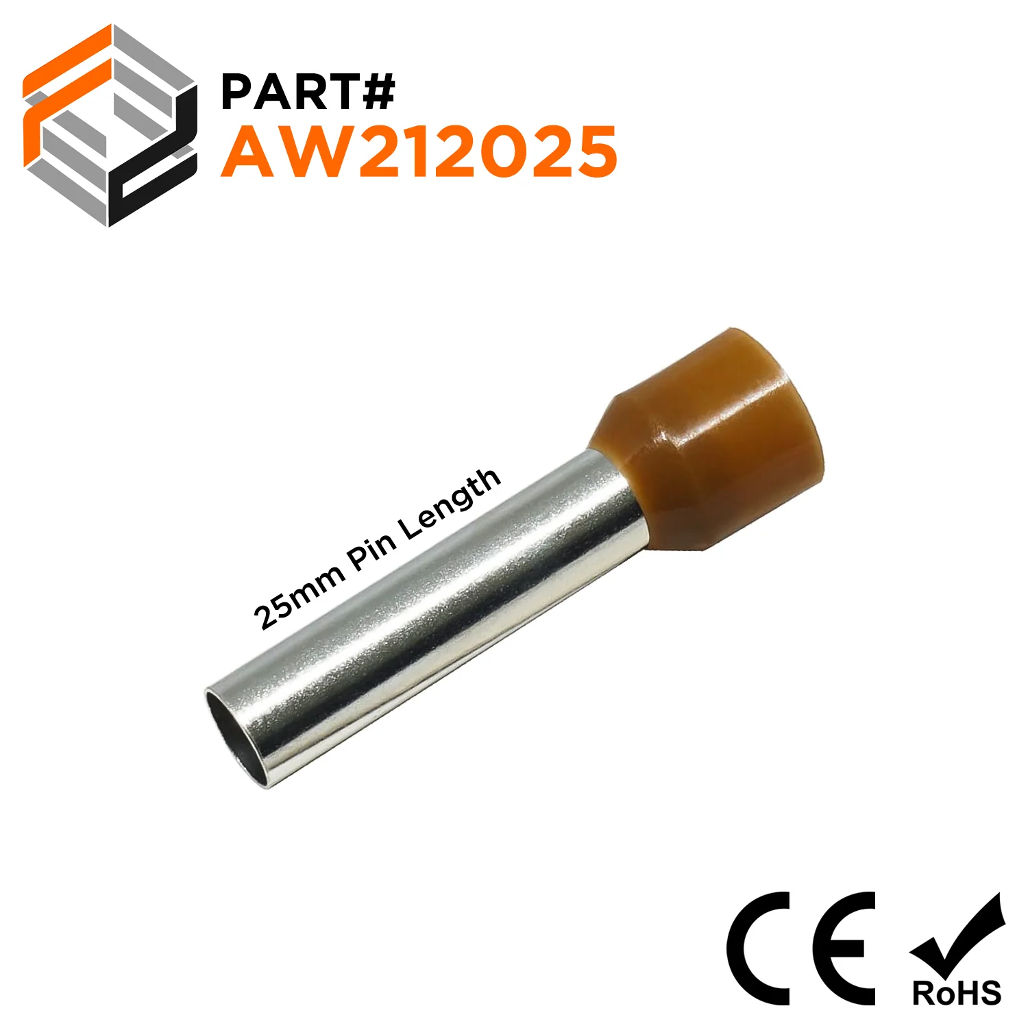 AW212025 - 4 AWG (Small Diameter) Insulated Wire Ferrules, 25mm Pin, Brown, 100 Pieces