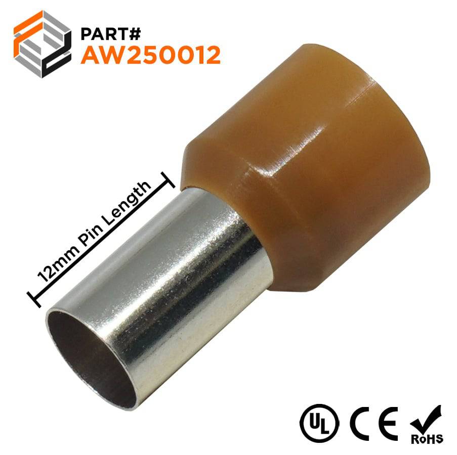 AW250012 - 4 AWG Insulated Wire Ferrules, 12mm Pin, Brown, UL Recognized, 100 Pieces