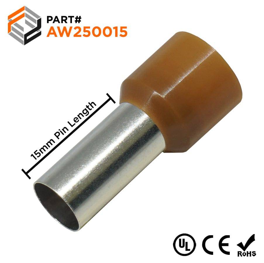 AW250015 - 4 AWG Insulated Wire Ferrules, 15mm Pin, Brown, UL Recognized, 100 Pieces
