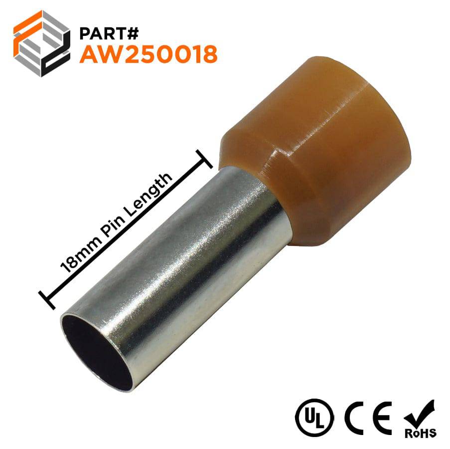 AW250018 - 4 AWG Insulated Wire Ferrules, 18mm Pin, Brown, UL Recognized, 100 Pieces