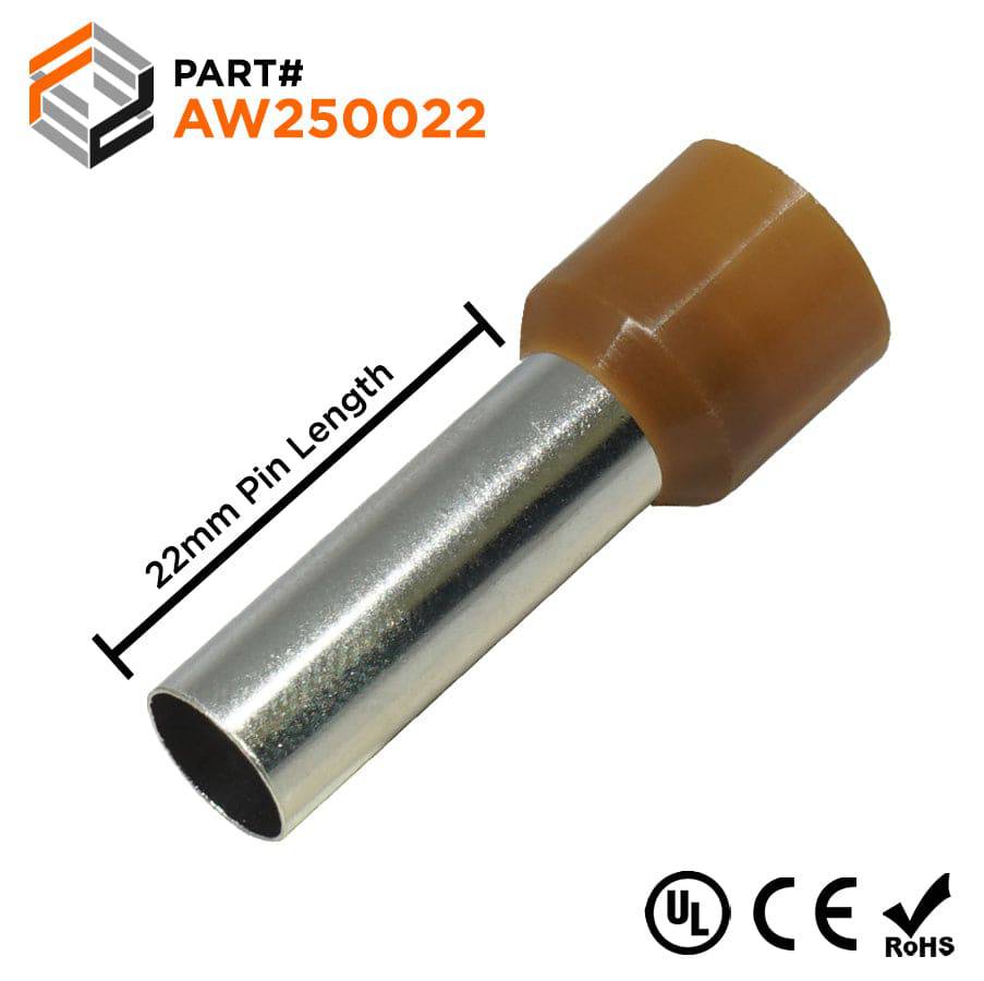 AW250022 - 4 AWG Insulated Wire Ferrules, 22mm Pin, Brown, UL Recognized, 100 Pieces