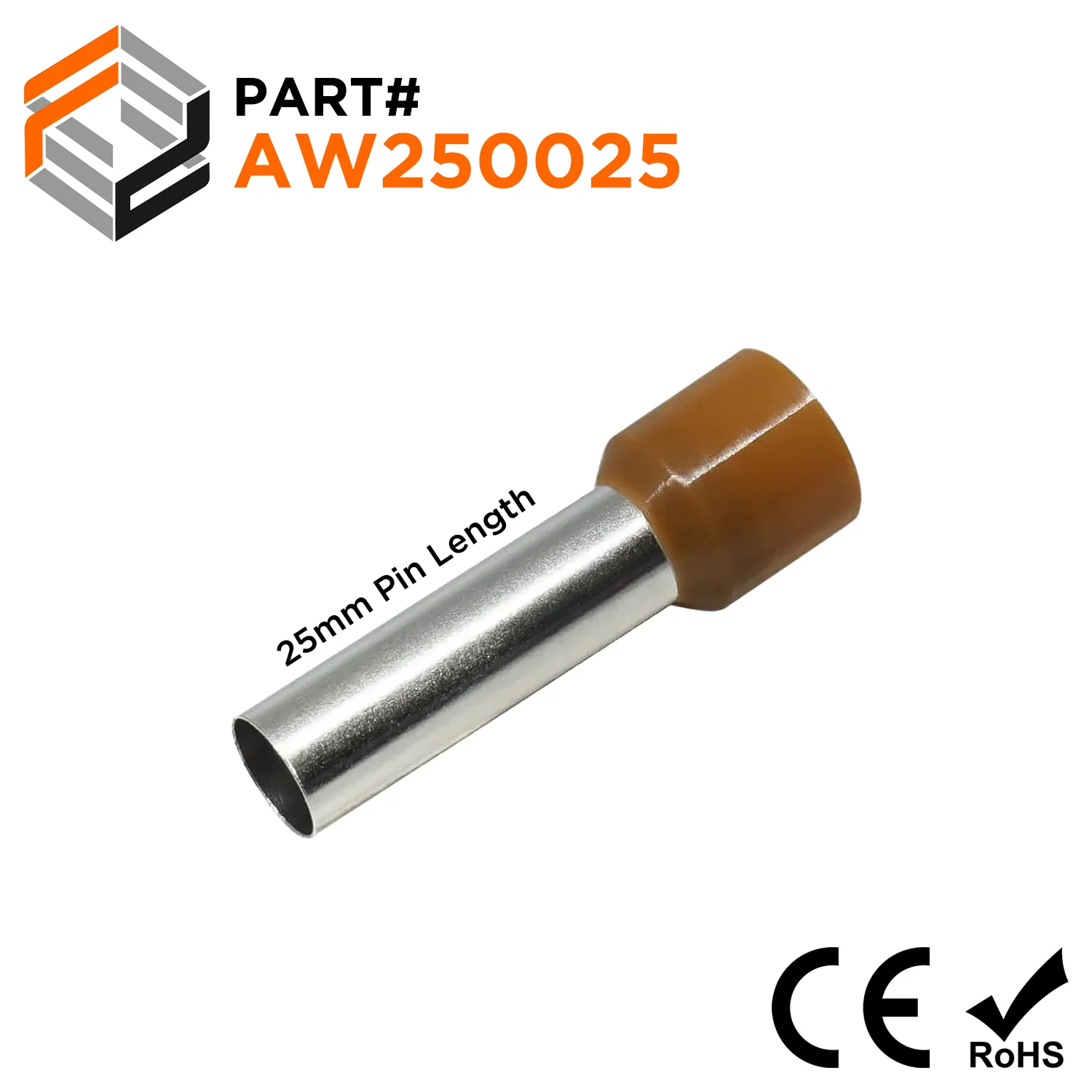 AW250025 - 4 AWG Insulated Wire Ferrules, 12mm Pin, Brown, 100 Pieces