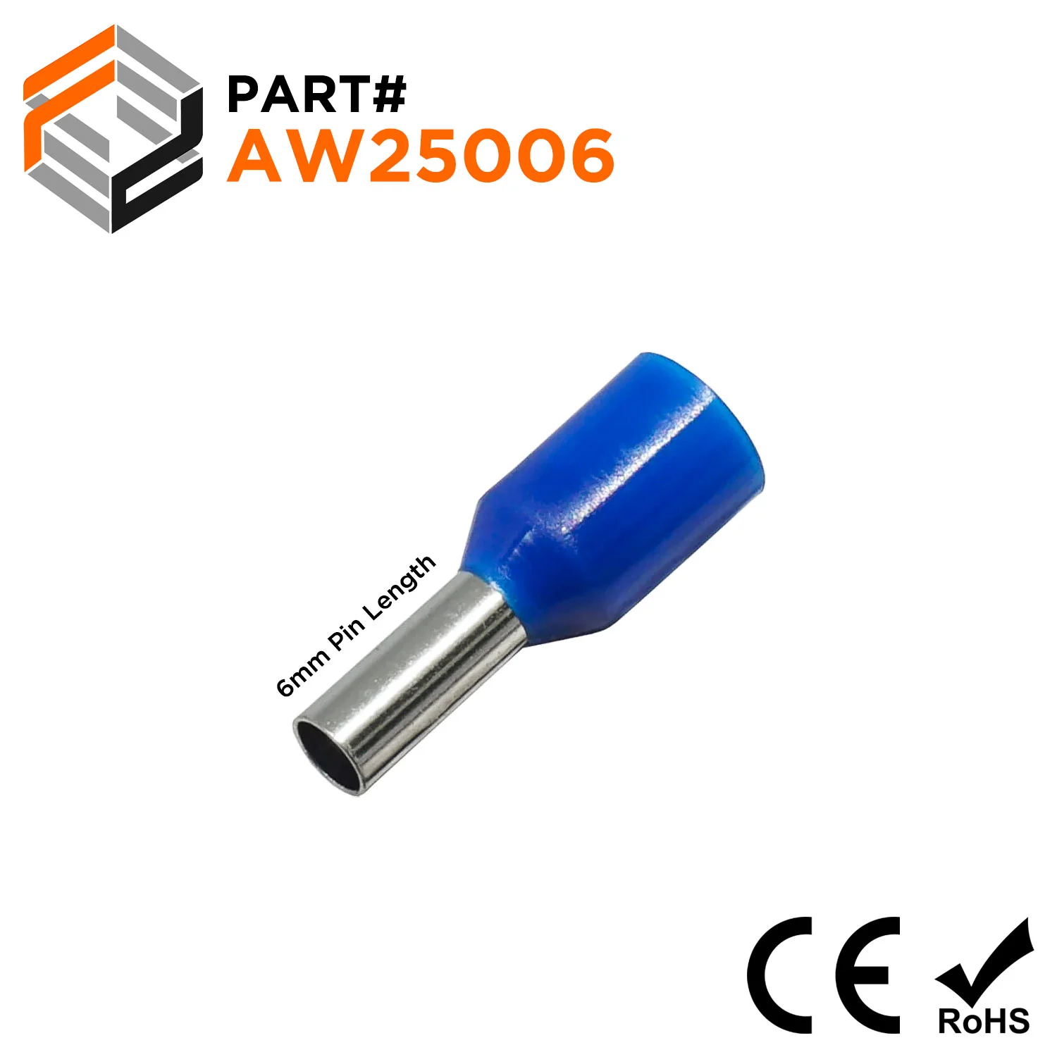 AW25006 - 14 AWG Insulated Wire Ferrules, 6mm Pin, Blue, 500 Pieces