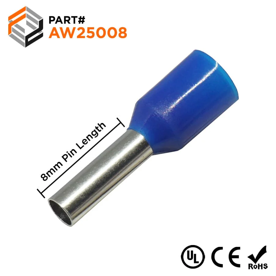 AW25008 - 14 AWG Insulated Wire Ferrules, 8mm Pin, Blue, UL Recognized, 500 Pieces
