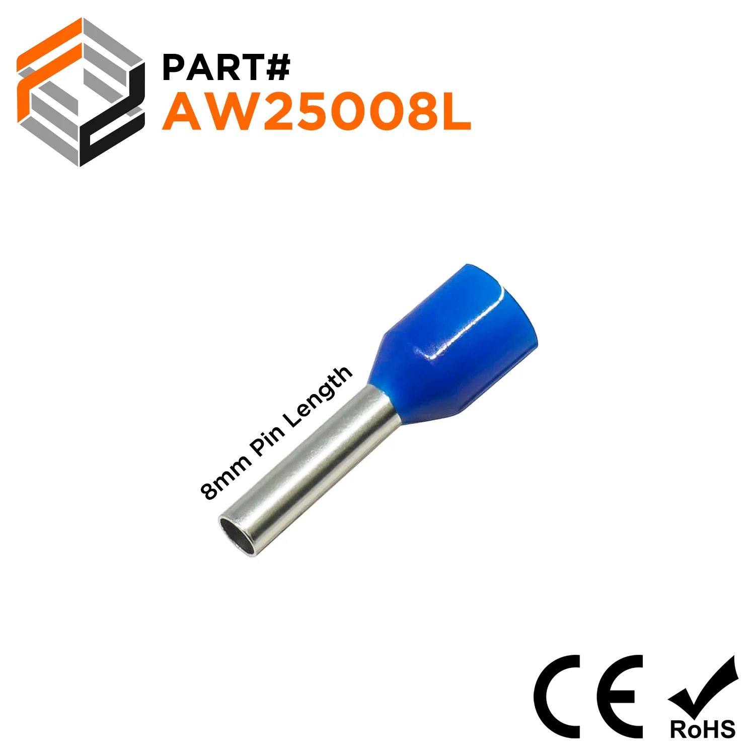 AW25008L - 14 AWG Insulated Wire Ferrules, 8mm Pin, Blue, Wide Collar, 500 Pieces