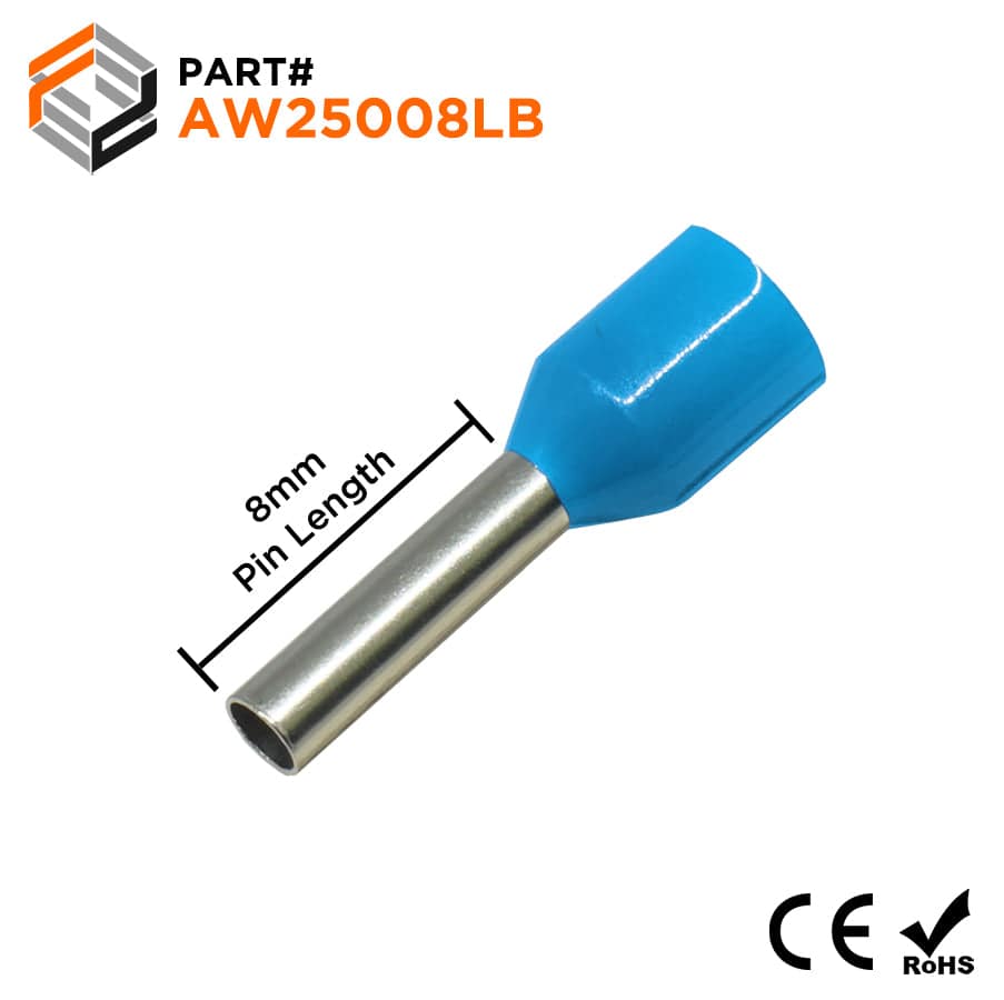 AW25008LB - 14 AWG Insulated Wire Ferrules, 8mm Pin, Light Blue, 500 Pieces