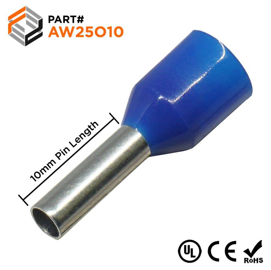 AW25010 - 14 AWG Insulated Wire Ferrules, 10mm Pin, Blue, UL Recognized, 500 Pieces