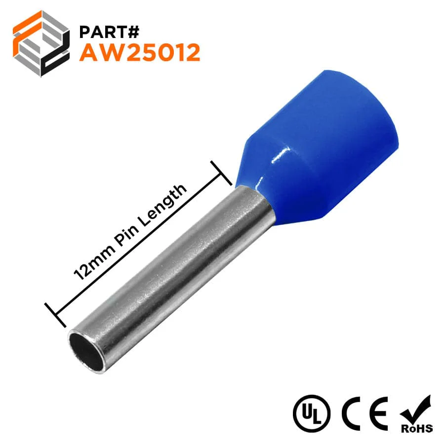 AW25012 - 14 AWG Insulated Wire Ferrules, 12mm Pin, Blue, UL Recognized, 500 Pieces