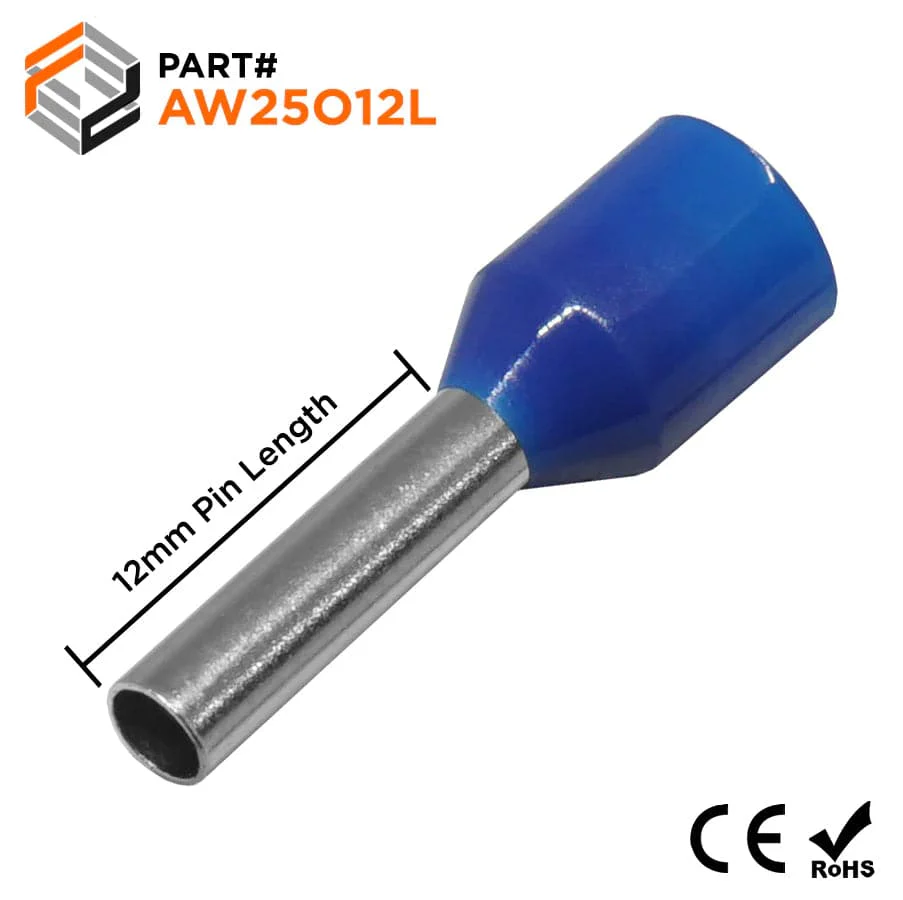 AW25012L - 14 AWG Insulated Wire Ferrules, 12mm Pin, Blue, Wide Collar, 500 Pieces