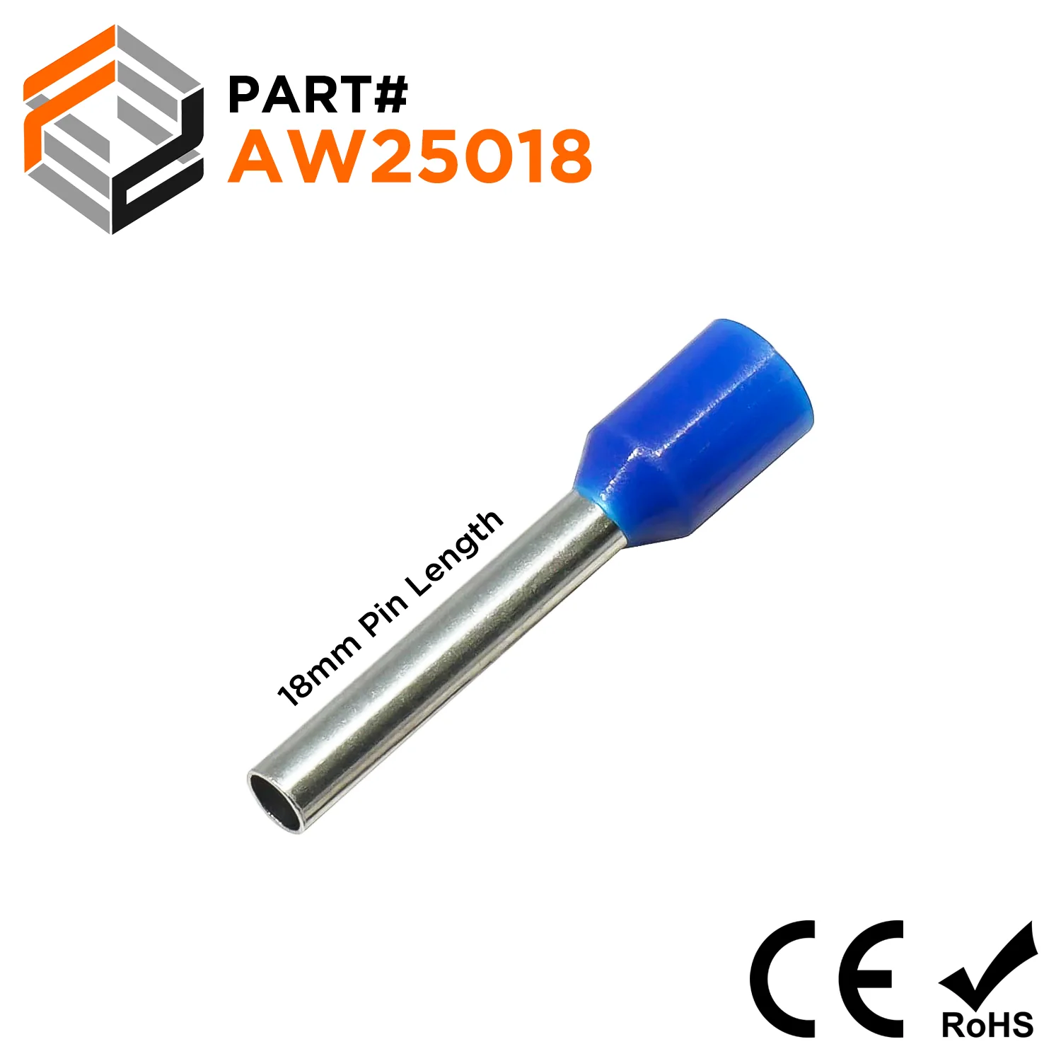 AW25018 - 14 AWG Insulated Wire Ferrules, 18mm Pin, Blue, 500 Pieces