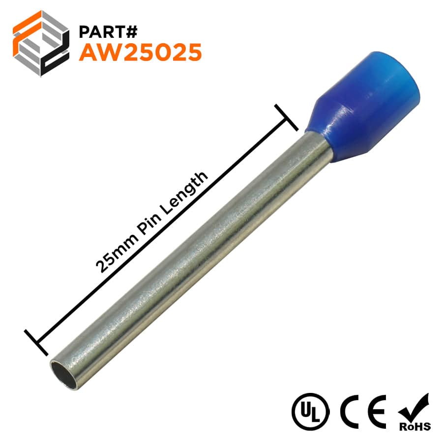 AW25025 - 14 AWG Insulated Wire Ferrules, 25mm Pin, Blue, UL Recognized, 500 Pieces
