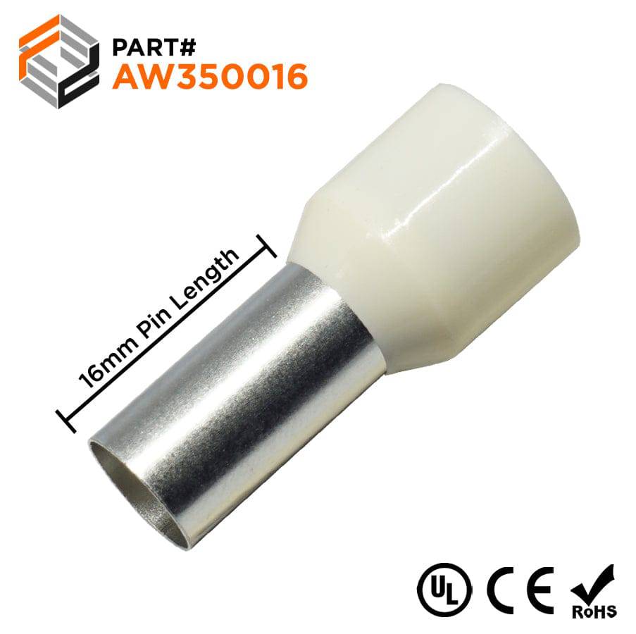 AW350016 - 2 AWG Single Insulated Wire Ferrules, 16mm Pin, Beige, UL Recognized, 100 Pieces