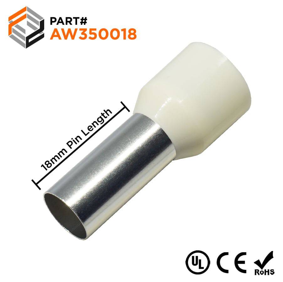 AW350018 - 2 AWG Single Insulated Wire Ferrules, 18mm Pin, Beige, UL Recognized, 100 Pieces