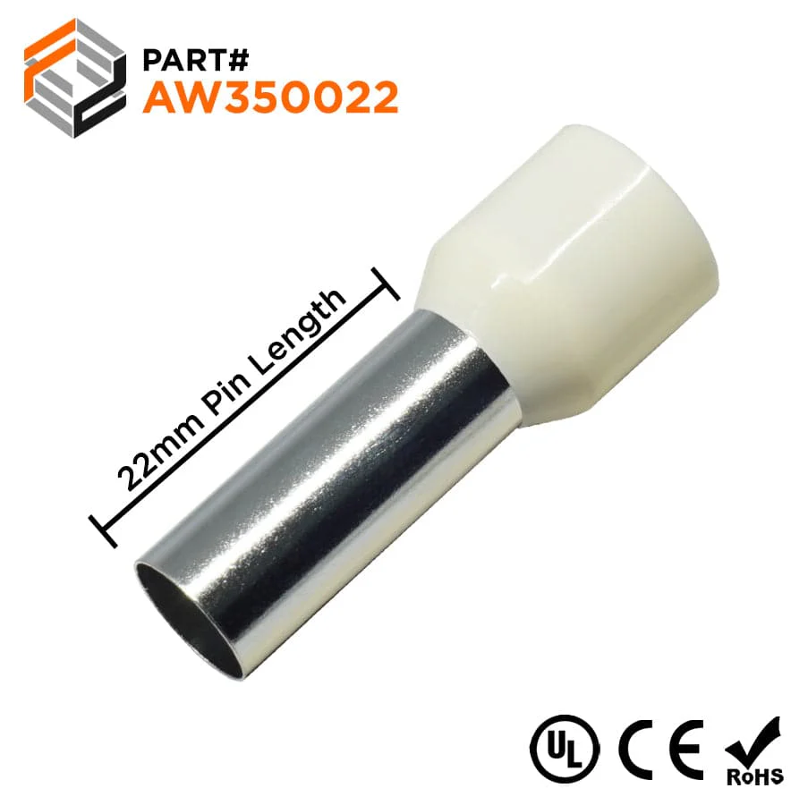 AW350022 - 2 AWG Single Insulated Wire Ferrules, 22mm Pin, Beige, UL Recognized, 100 Pieces