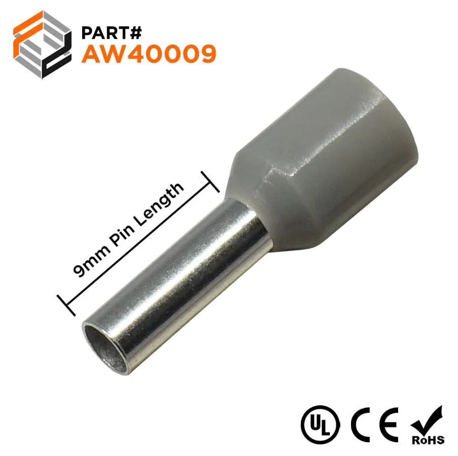 AW40009 - 12 AWG Insulated Wire Ferrules, 9mm Pin, Gray, UL Recognized, 500 Pieces