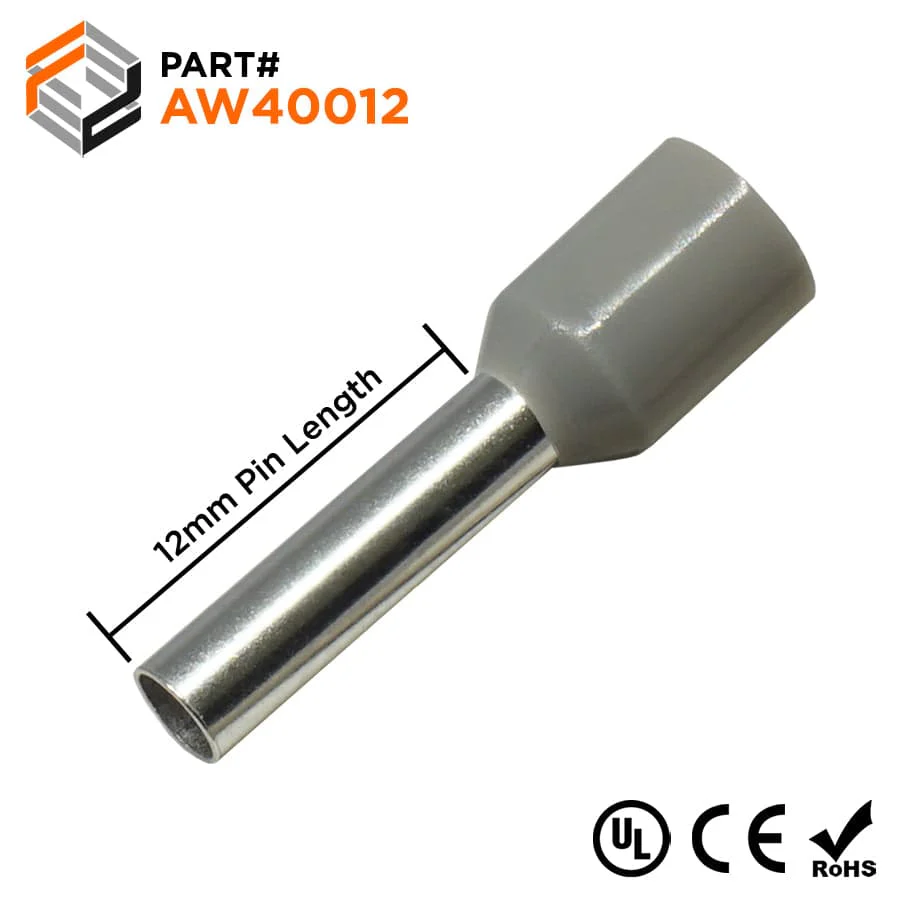 AW40012 - 12 AWG Insulated Wire Ferrules, 12mm Pin, Gray, UL Recognized, 500 Pieces