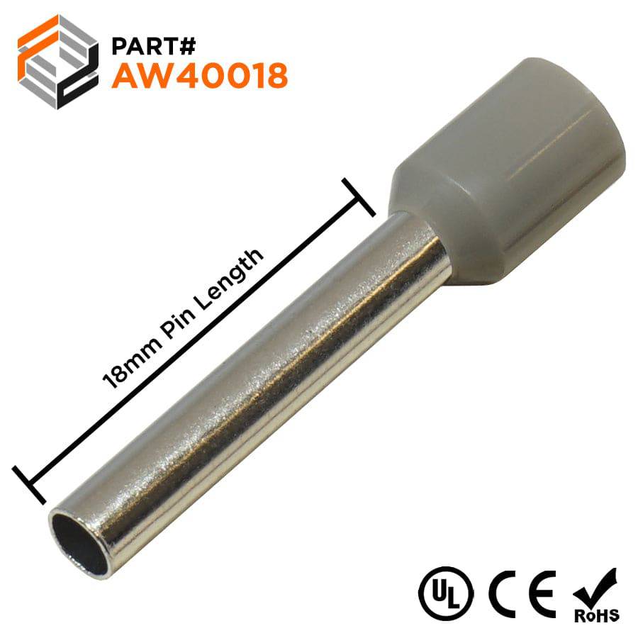 AW40018 - 12 AWG Insulated Wire Ferrules, 18mm Pin, Gray, UL Recognized, 500 Pieces