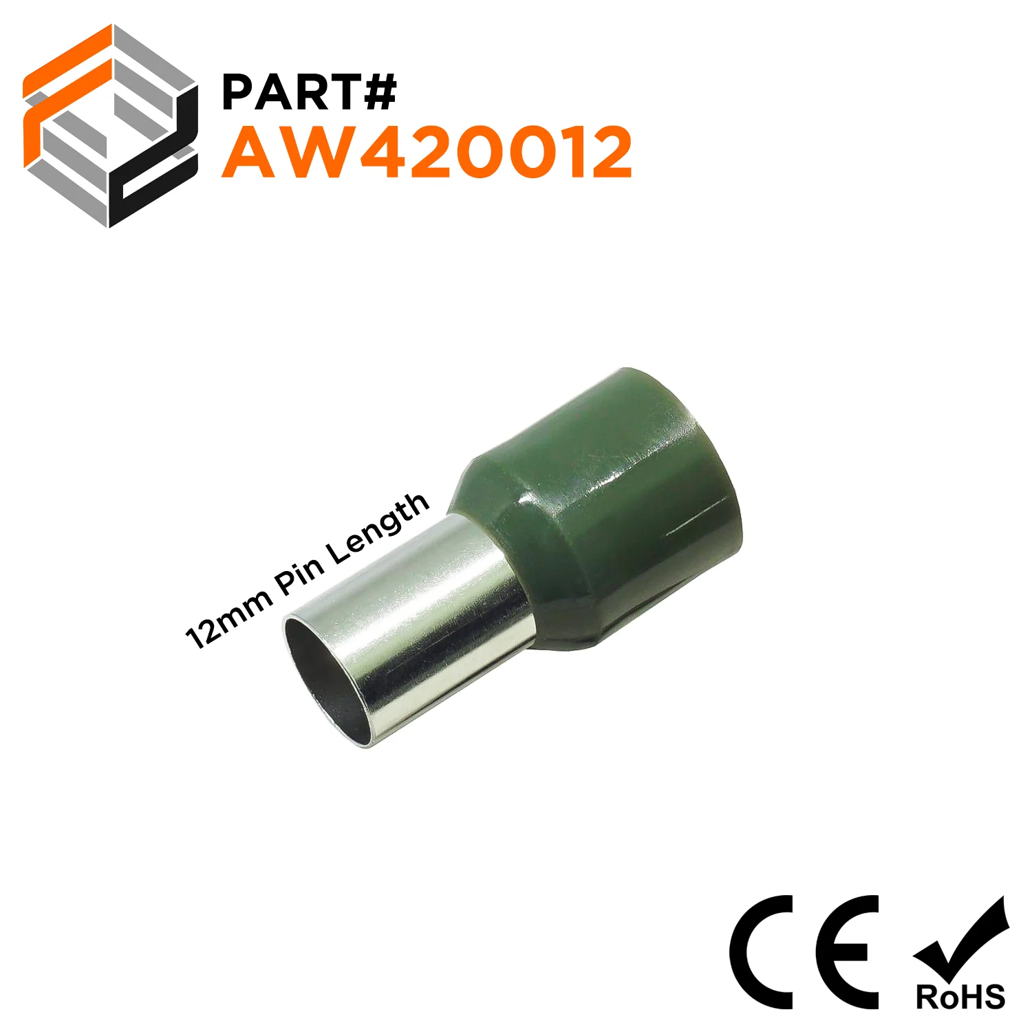 AW420012 - 1 AWG (Small Diameter) Insulated Wire Ferrules, 12mm Pin, Olive Green, 50 Pieces