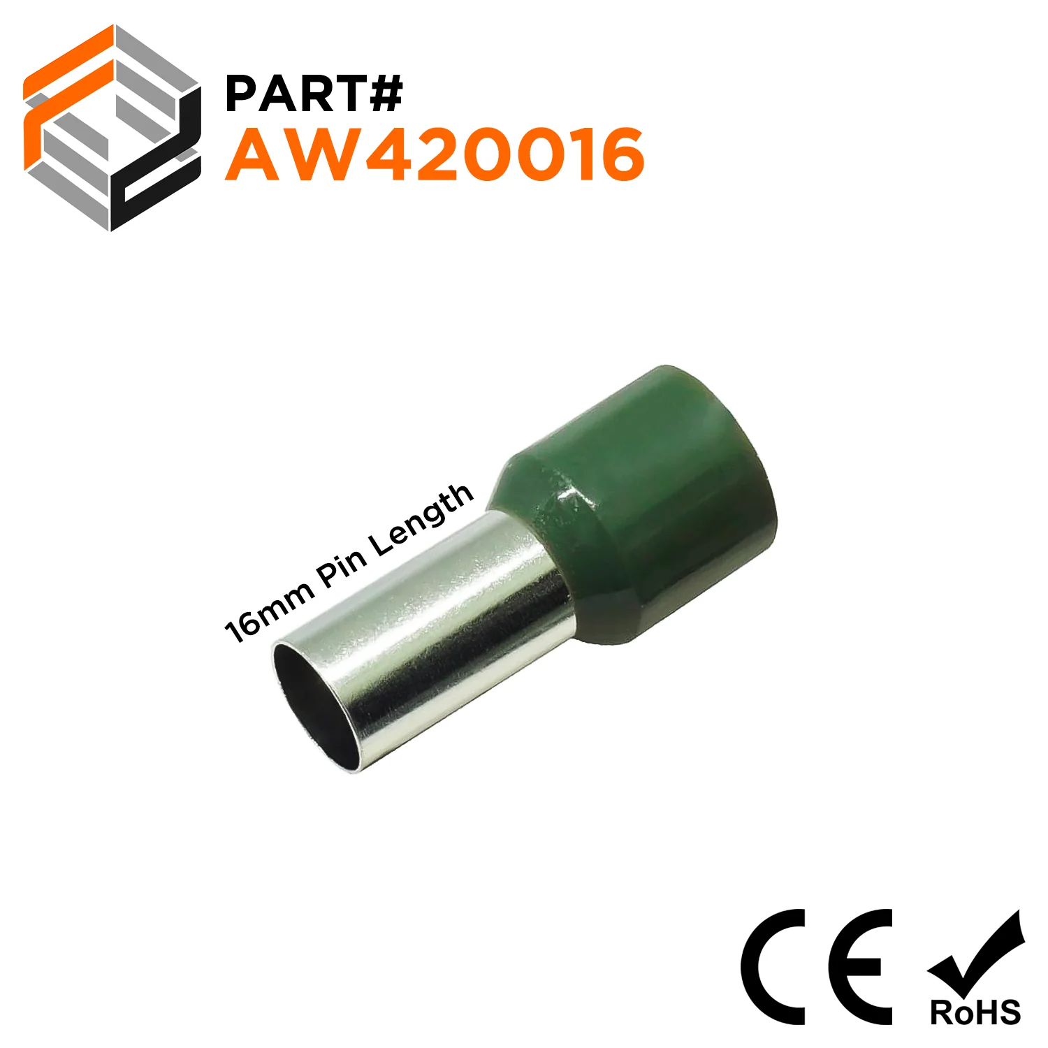AW420016 - 1 AWG (Small Diameter) Insulated Wire Ferrules, 16mm Pin, Olive Green, 50 Pieces