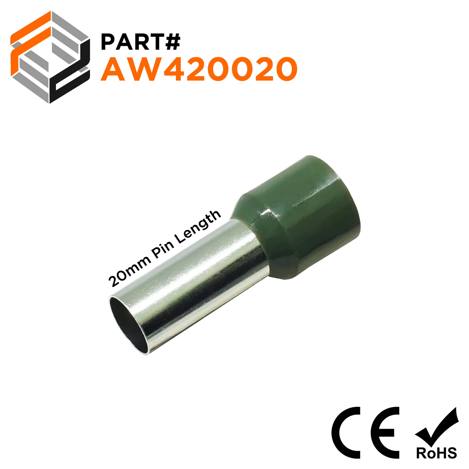 AW420020 - 1 AWG (Small Diameter) Insulated Wire Ferrules, 20mm Pin, Olive Green, 50 Pieces