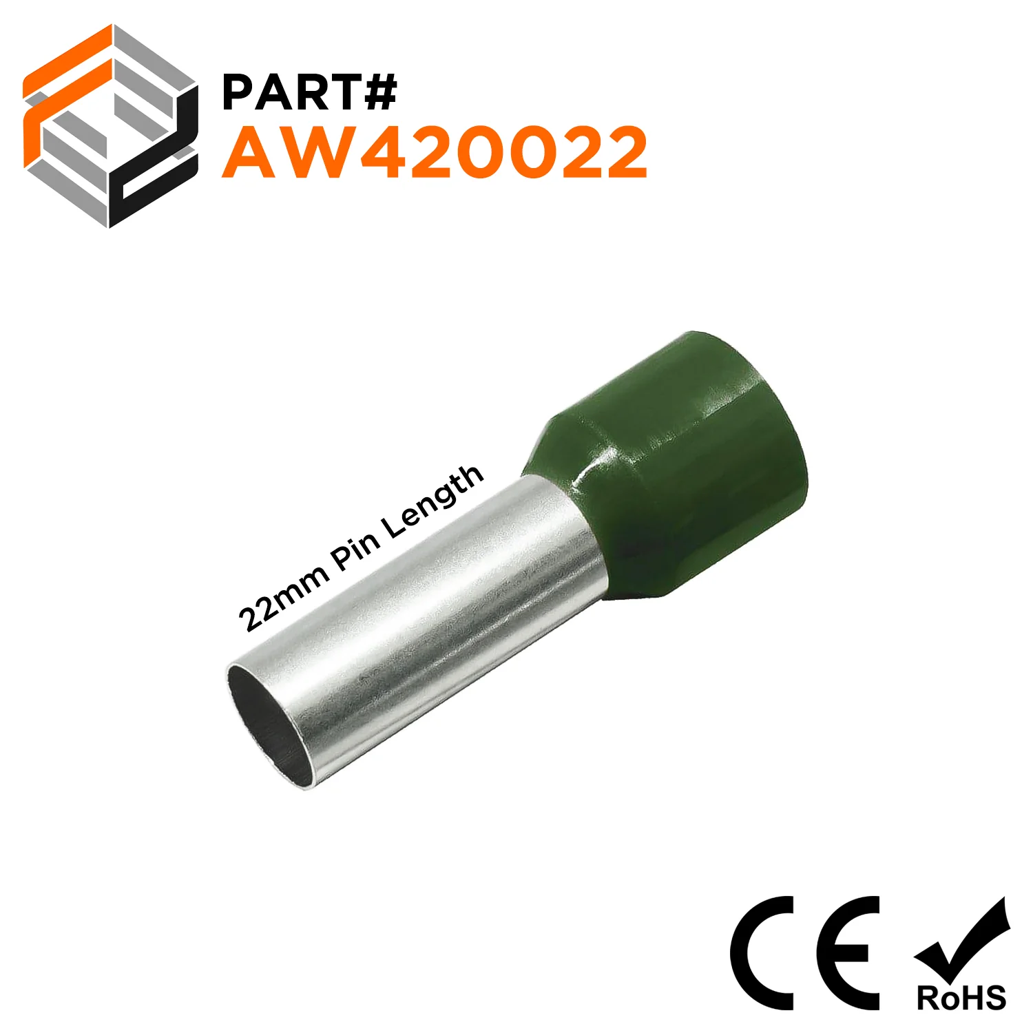 AW420022 - 1 AWG (Small Diameter) Insulated Wire Ferrules, 22mm Pin, Olive Green, 50 Pieces